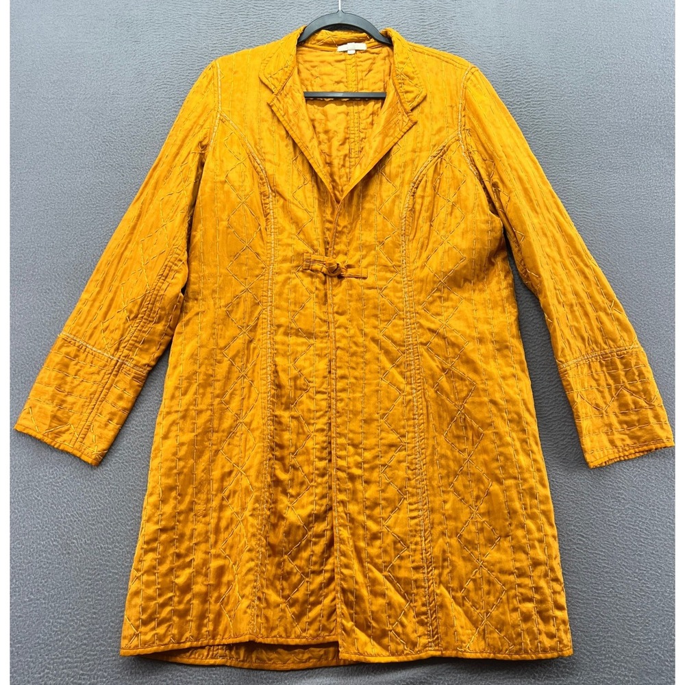 Joshi Jacket Womens 4 Mustard Yellow 100% Silk Quilted Kantha Stitch Toggle Coat